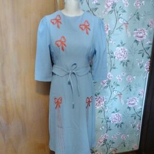 Socialite Light Blue Long-Sleeve Tie-Waist Dress with Coral Bow Embroidery